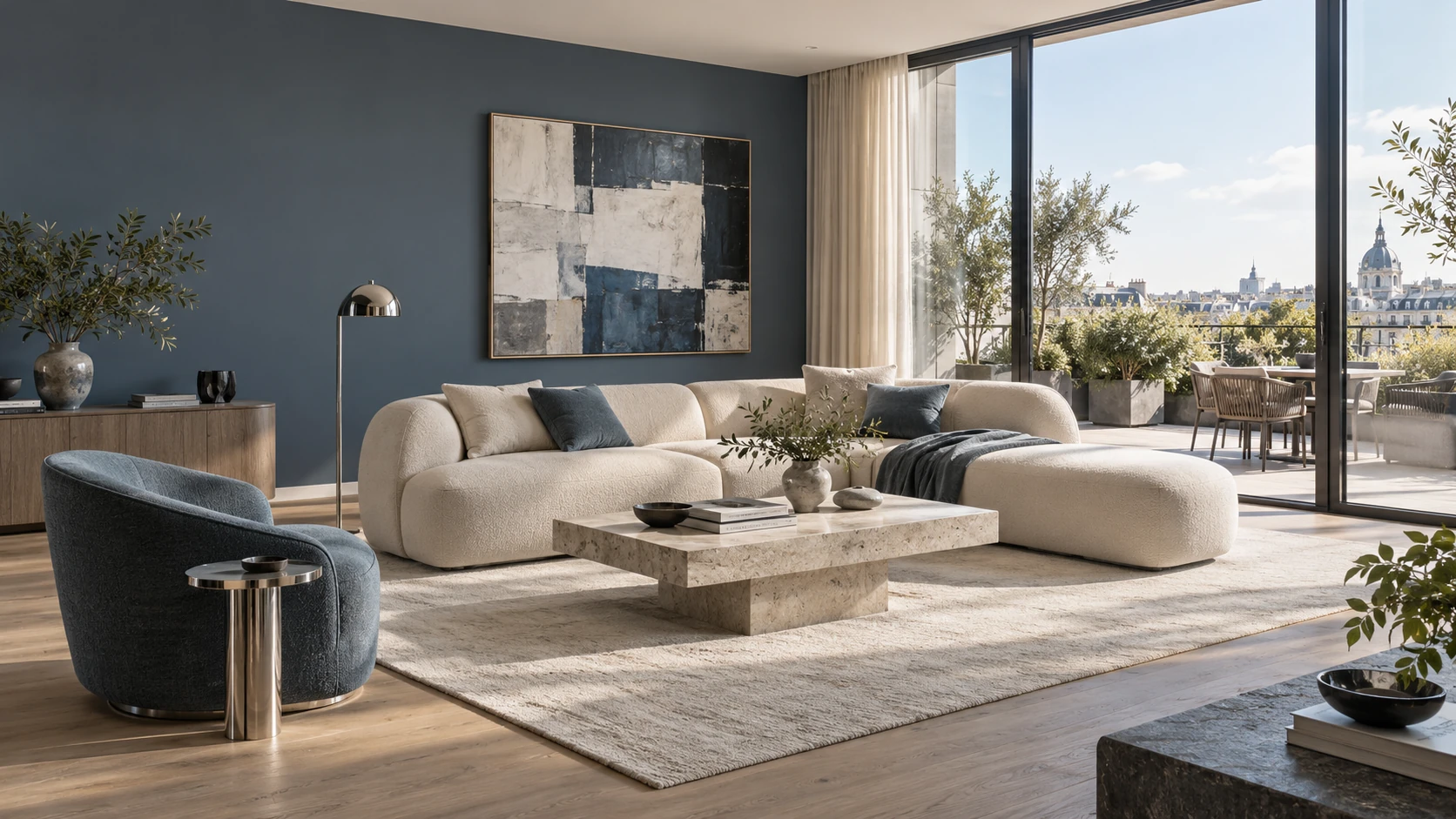 Concept de séjour contemporain aux tons bleu ardoise, pierre claire et mobilier sculptural
