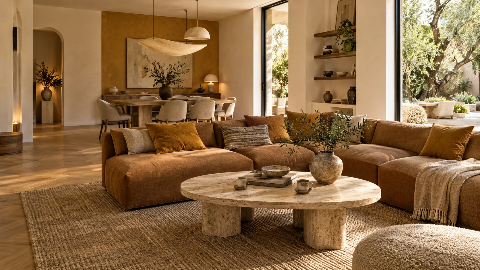 Concept de pièce de vie conviviale avec assises caramel, accents ocre et grande table de repas
