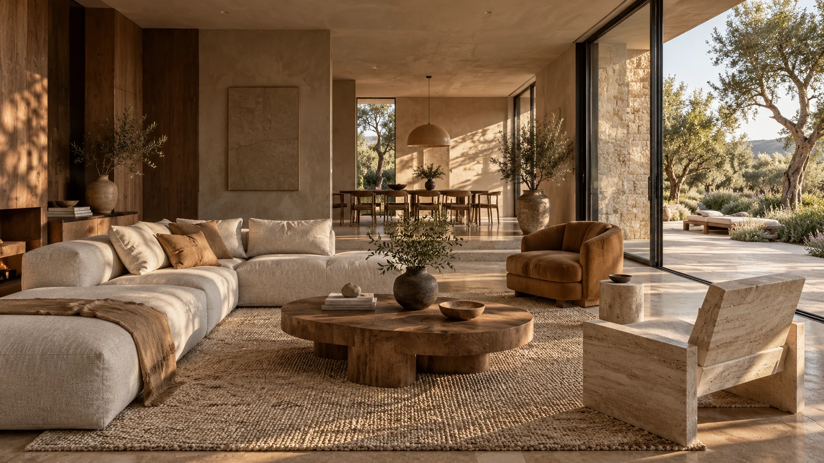 Concept de séjour contemporain avec canapé crème, chêne et pierre naturelle, ouvert sur un jardin