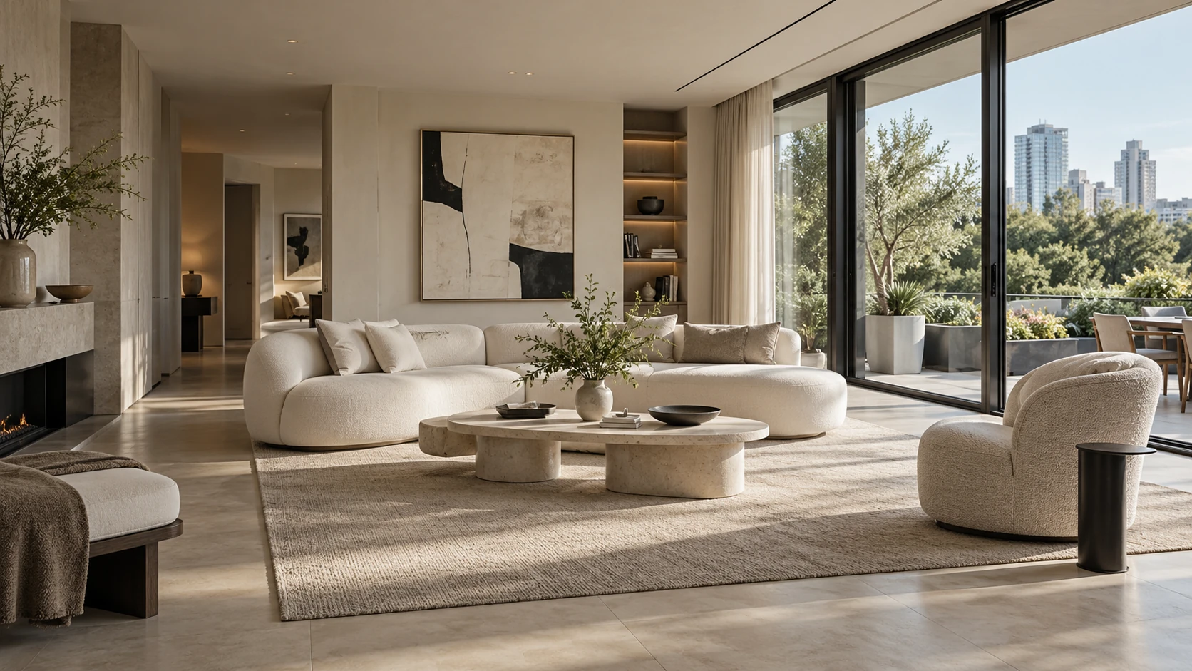 Concept d’appartement moderne minimaliste, mobilier crème et pierre claire, ouvert sur une grande baie vitrée
