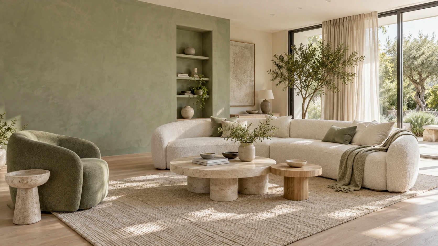 Concept d’intérieur organique avec mur et fauteuil sauge, canapé ivoire, chêne clair et végétation