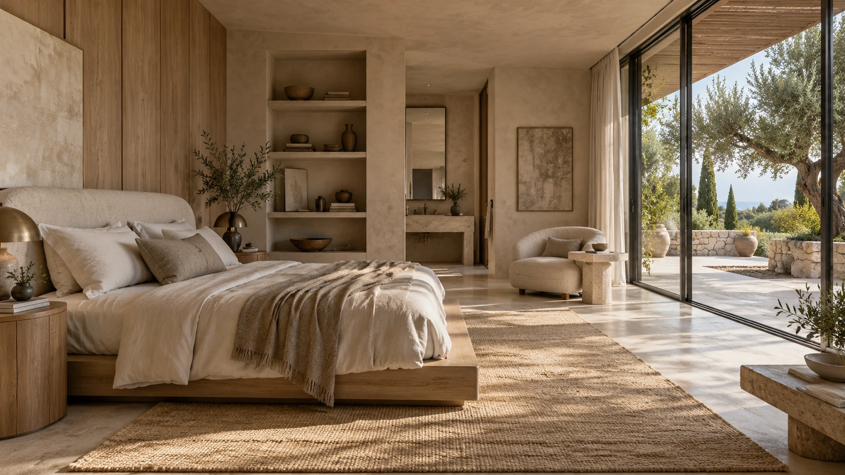 Concept de suite lumineuse avec literie en lin ivoire, bois courbé et pierre naturelle