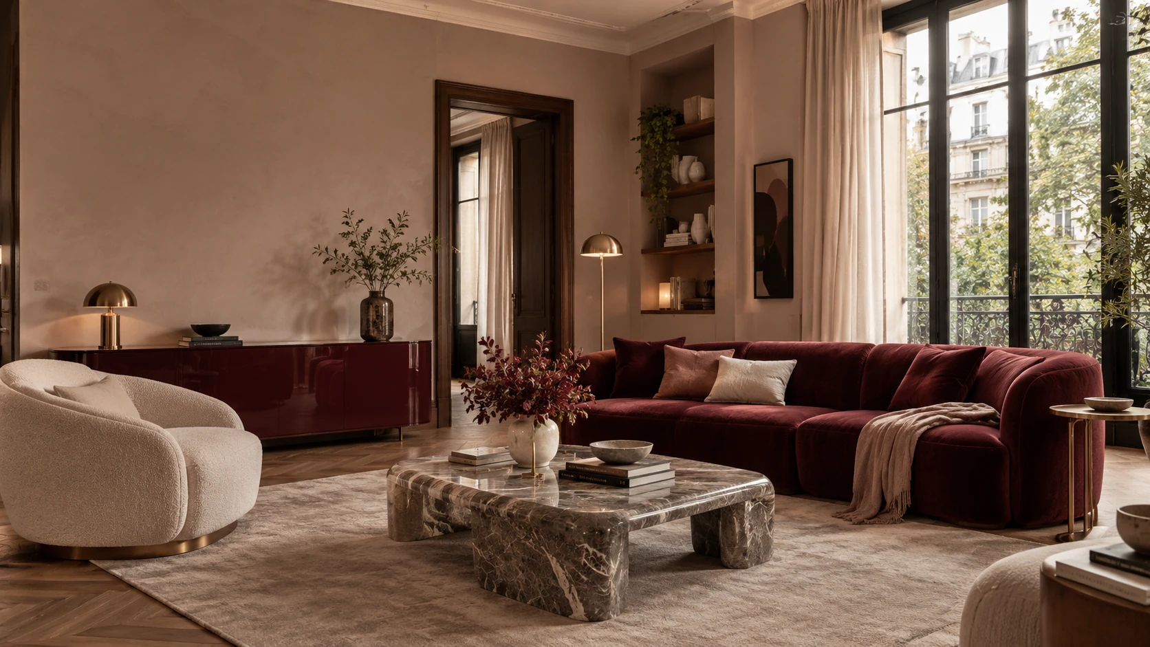 Concept de séjour urbain chic avec mobilier bordeaux, détails en laiton et pierre naturelle