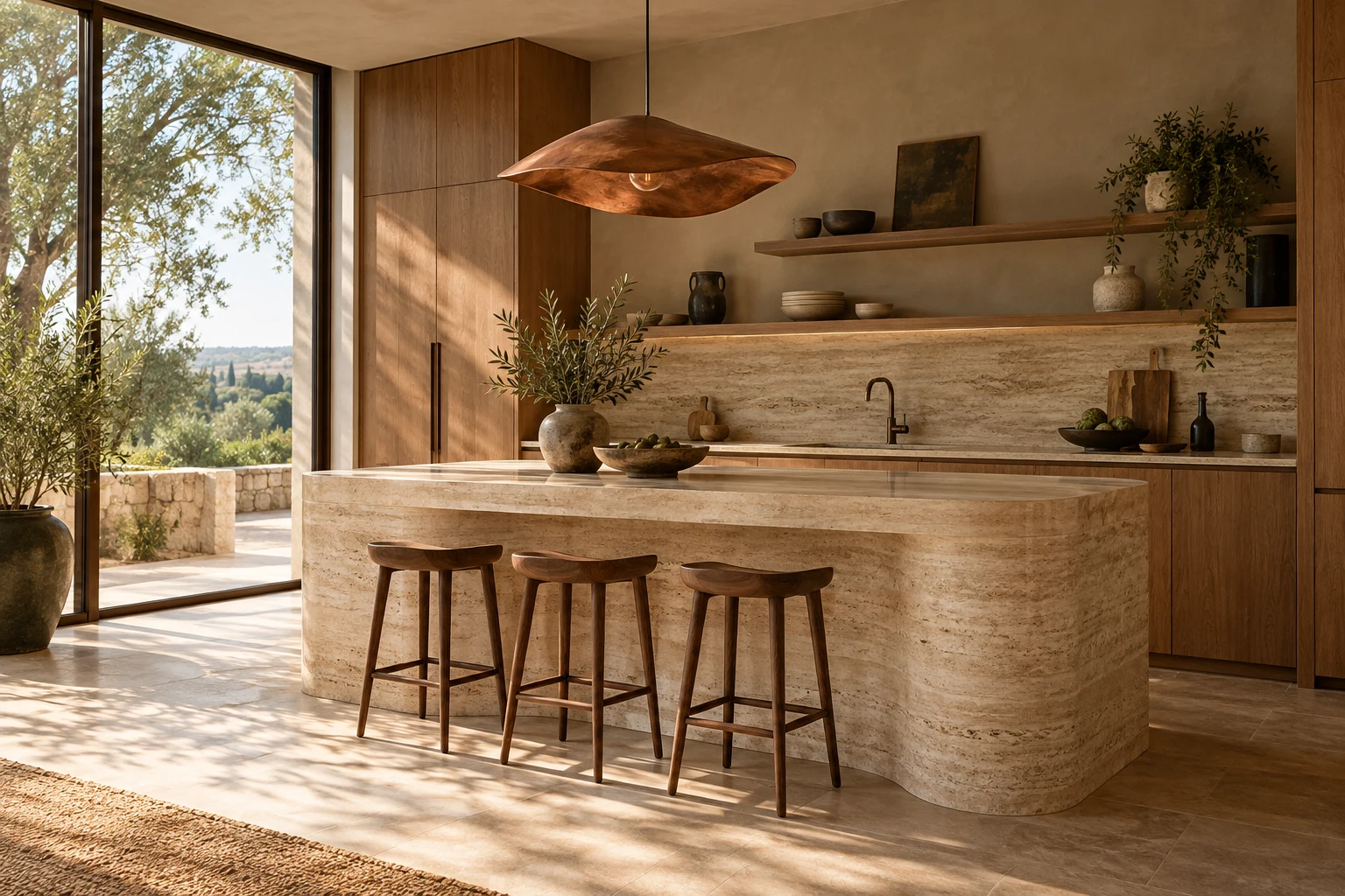 Concept de cuisine chaleureuse aux façades en bois et aux surfaces de travertin